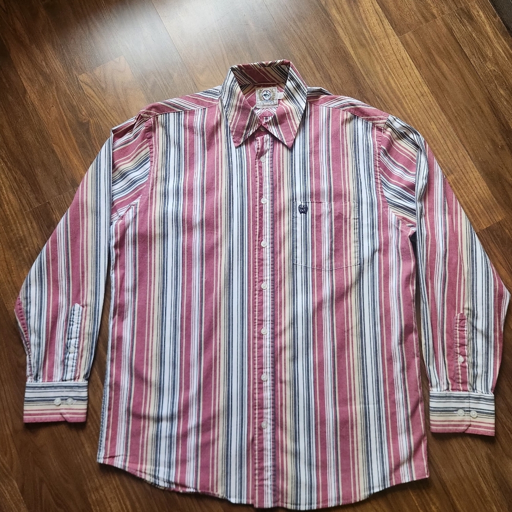 Mens Cinch Large Western Striped Button Down Shirt Red Blue Cowboy Rodeo - Picture 2 of 12